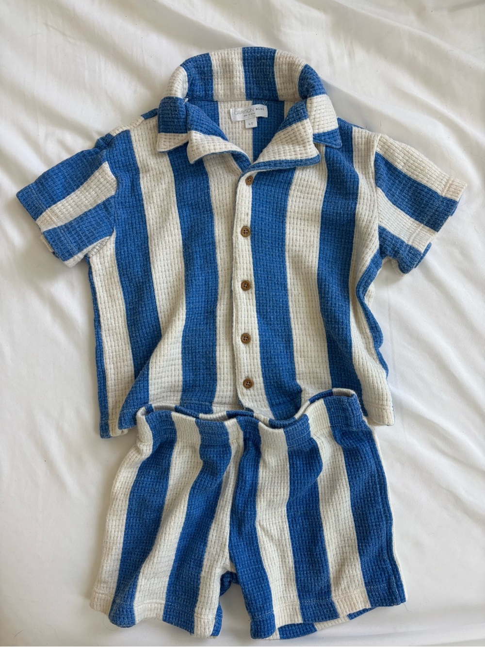 Kids Blue & Cream Striped Matching Set - Short Sleeve Shirt & Shorts